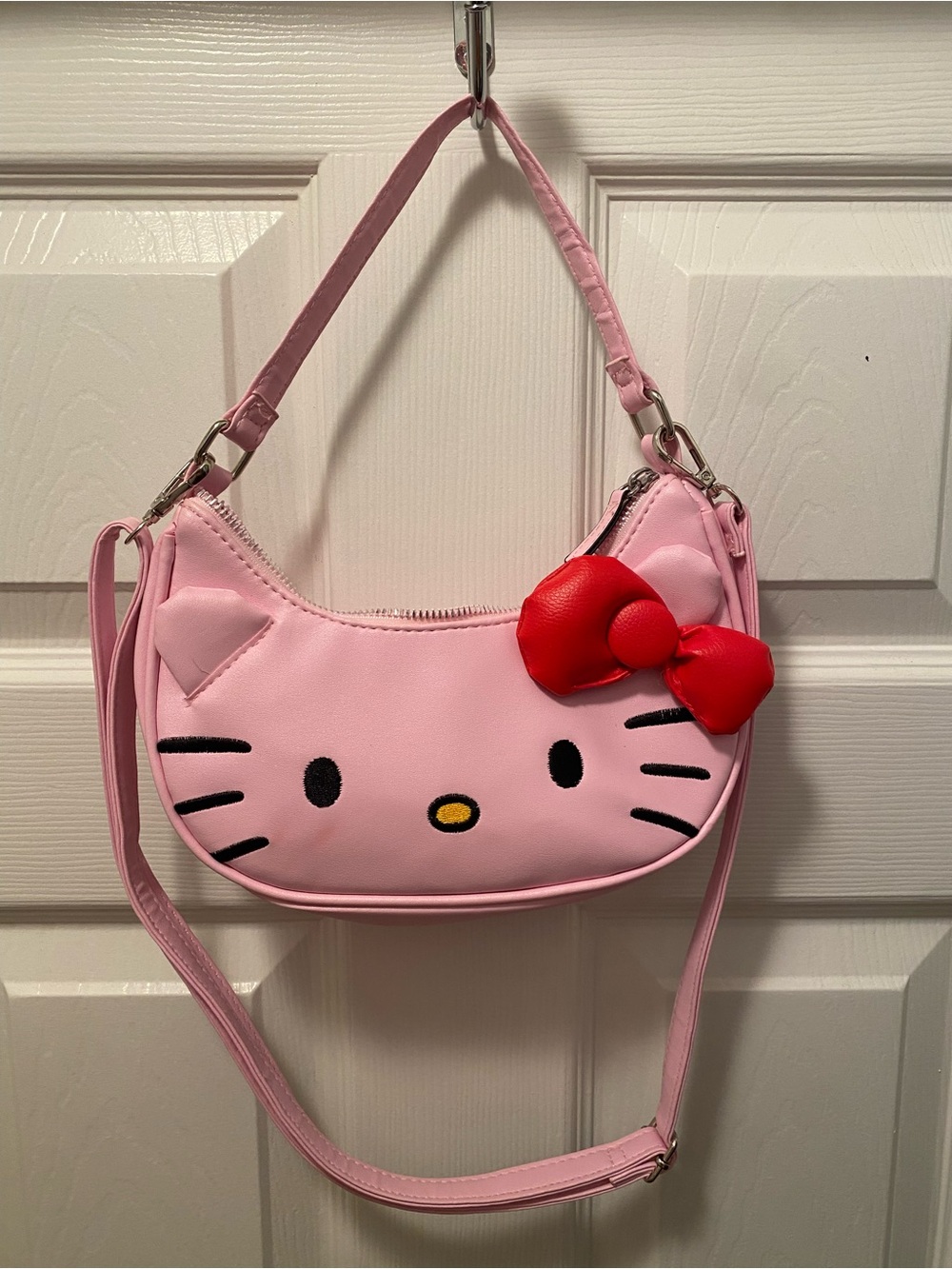 Sanrio Hello Kitty Pink Faux Leather Crescent Hobo Crossbody Bag Red Bow